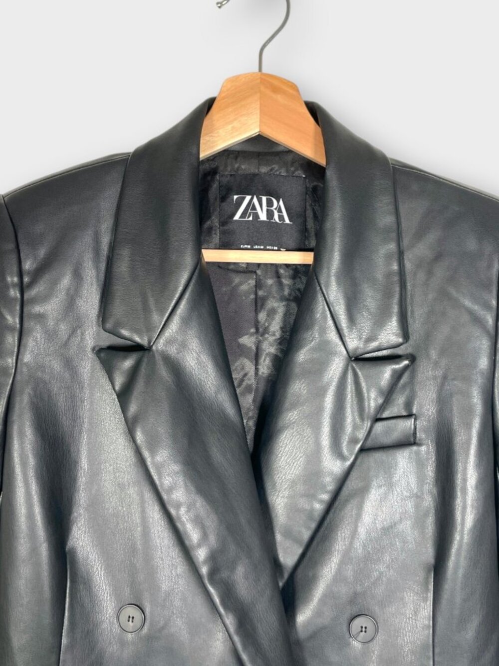 ZARA Faux Leather Blazer Jacket Woman's M Black Super Buttery Double Breasted - Picture 2 of 8